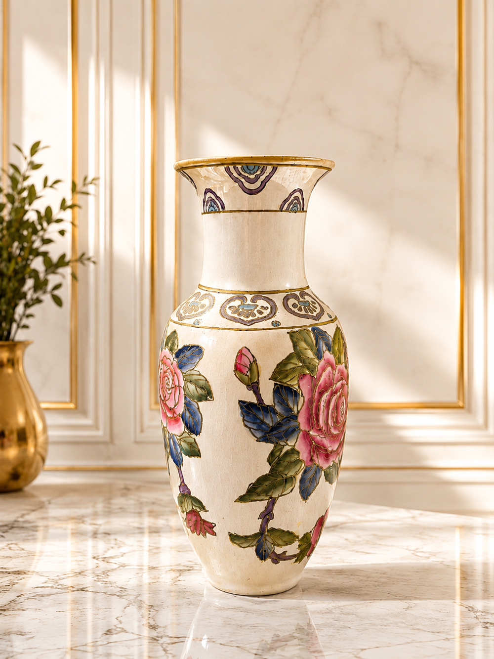 Vintage Hand-Painted Asian Porcelain Floral Vase Gold Trim 15 in Tall